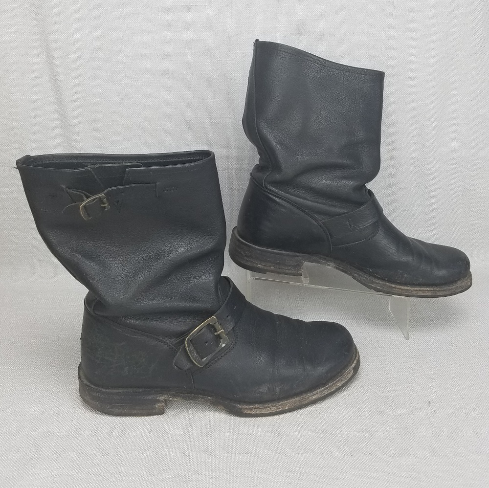 Frye Black Leather Flat Motorcycle Boots